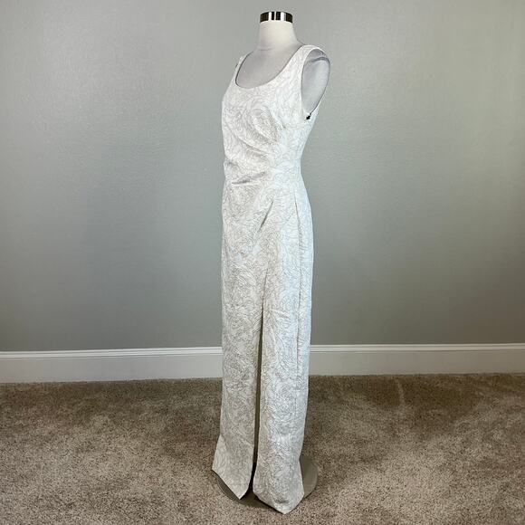 Adrianna Papell White Metallic Jacquard Column Gown Size 6 Sleeveless Thigh Slit - Picture 2 of 14